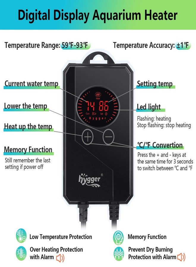 hygger Aquarium Heater,Submersible Fish Tank Heater 100W/200W/300W/500W/800W/1000W/1200W with Digital LED Controller,Memory Function,Auto Shut Off Protection,Heater for Saltwater Freshwater Fish Tank - Image 2